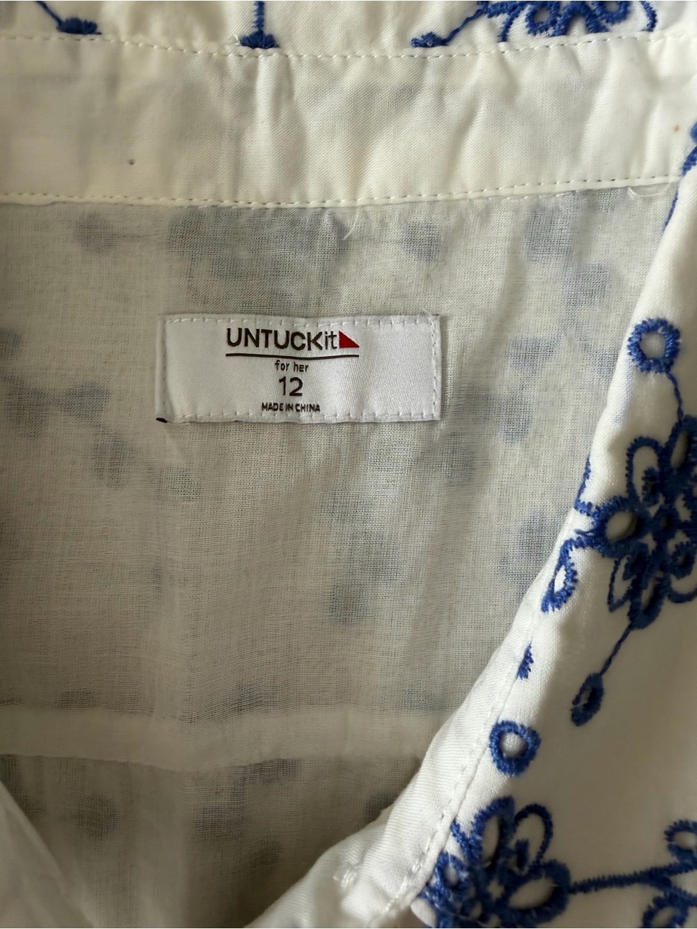 UNTUCKit Audrey Dress Size 12 White Blue Embroidered Belted Shirt Dress - Picture 4 of 8
